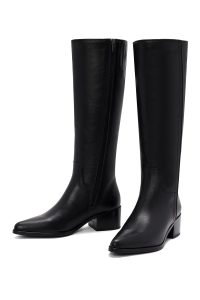 چکمه زنانه چرمی مشکی پاشنه‌بلند ضخیم زیپ‌دار دری مد