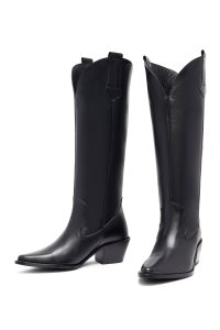 چکمه زنانه چرمی مشکی کابوی پاشنه‌بلند ضخیم دری مد