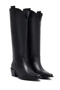 چکمه زنانه چرمی مشکی کابوی پاشنه‌بلند ضخیم دری مد