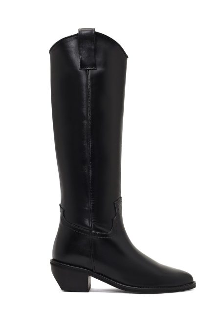 چکمه زنانه کابوی چرم مشکی پاشنه‌کوتاه دری مد