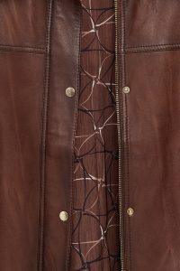 کاپشن زنانه Britney چرم قهوه‌ای اورسایز یقه‌پیراهنی دری مد