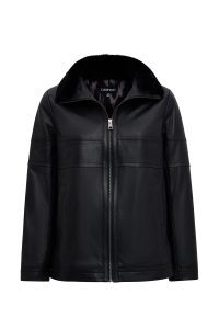 کاپشن زنانه Diana چرم مشکی اورسایز یقه‌خزدار دری مد