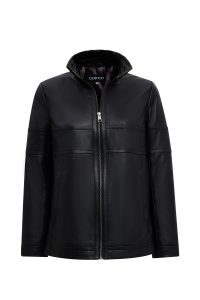 کاپشن زنانه Diana چرم مشکی اورسایز یقه‌خزدار دری مد