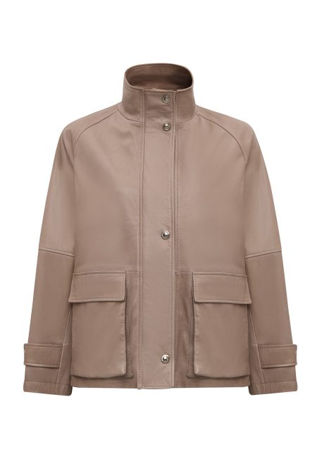 کاپشن زنانه Fancy چرم بژ اورسایز یقه‌خوابیده دری مد