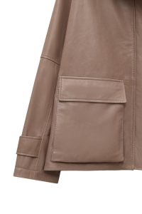 کاپشن زنانه Fancy چرم بژ اورسایز یقه‌خوابیده دری مد