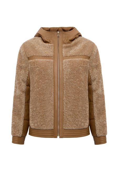 کاپشن زنانه Prag چرم تدی خردلی کلاه‌دار دری مد