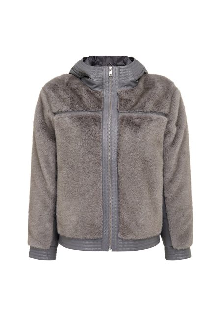 کاپشن زنانه Prag چرم تدی طوسی کلاه‌دار دری مد