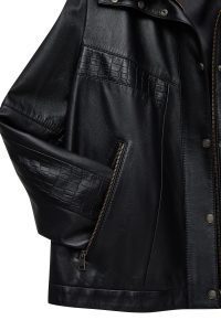 کاپشن چرمی زنانه مشکی اورسایز یقه خزدار Hannah دری مد