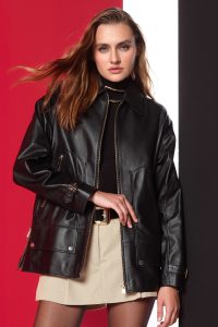 کاپشن چرمی زنانه مشکی اورسایز یقه پیراهنی Rosalin دری مد