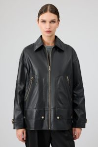 کاپشن چرمی زنانه مشکی اورسایز یقه پیراهنی Rosalin دری مد