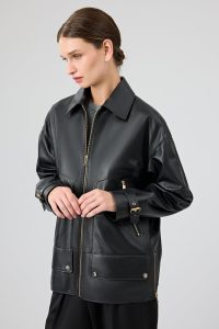 کاپشن چرمی زنانه مشکی اورسایز یقه پیراهنی Rosalin دری مد