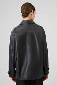 کاپشن چرمی زنانه مشکی اورسایز یقه پیراهنی Rosalin دری مد