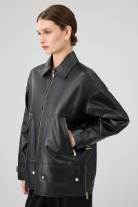 کاپشن چرمی زنانه مشکی اورسایز یقه پیراهنی Rosalin دری مد