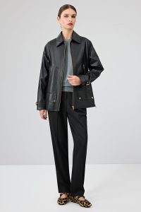 کاپشن چرمی زنانه مشکی اورسایز یقه پیراهنی Rosalin دری مد