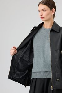 کاپشن چرمی زنانه مشکی اورسایز یقه پیراهنی Rosalin دری مد