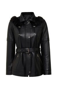 کاپشن چرمی زنانه مشکی کلاه‌دار یقه خزدار Hillary دری مد