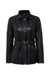 کاپشن چرمی زنانه مشکی کلاه‌دار یقه خزدار Hillary دری مد