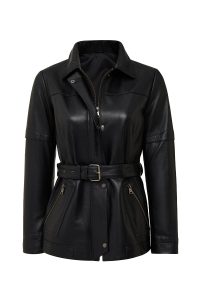 کاپشن چرمی زنانه مشکی کلاه‌دار یقه خزدار Hillary دری مد