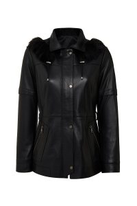 کاپشن چرمی زنانه مشکی کلاه‌دار یقه خزدار Hillary دری مد