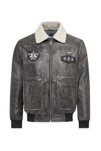 کاپشن چرمی مردانه خاکستری یقه‌دار خزدار خلبانی Hurricane دری مد