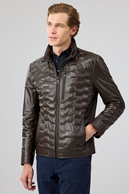 کاپشن چرمی مردانه قهوه‌ای کلاه‌دار Silva دری مد