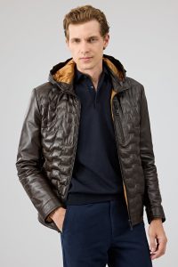 کاپشن چرمی مردانه قهوه‌ای کلاه‌دار Silva دری مد