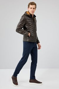 کاپشن چرمی مردانه قهوه‌ای کلاه‌دار Silva دری مد