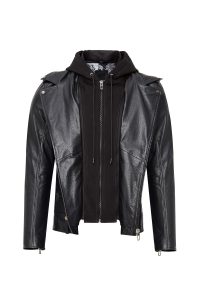 کاپشن چرمی مردانه مشکی کلاه‌دار موتورسواری Butler دری مد