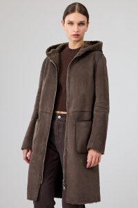 کت تدی زنانه قهوه‌ای دوطرفه کلاه‌دار Fiorentini دری مد