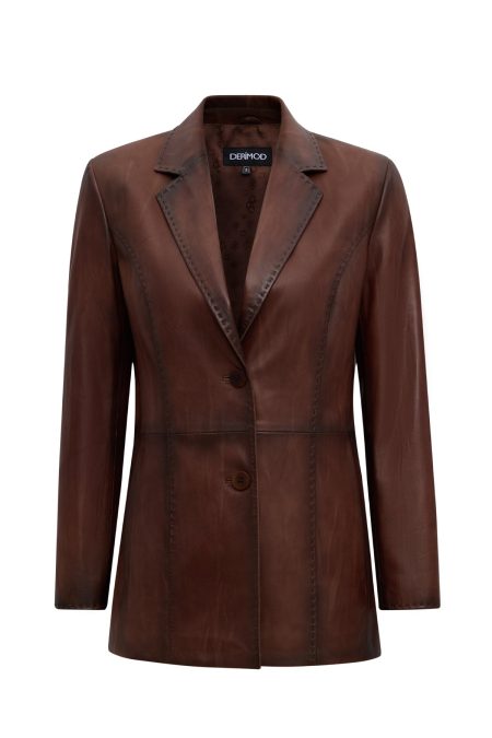 کت زنانه Barbara چرم قهوه‌ای مدل بلیزر دری مد