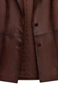 کت زنانه Barbara چرم قهوه‌ای مدل بلیزر دری مد