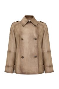 کت زنانه Estel چرم بژ اورسایز یقه کراواتی دری مد