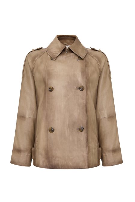 کت زنانه Estel چرم بژ اورسایز یقه کراواتی دری مد