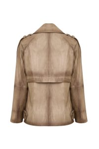 کت زنانه Estel چرم بژ اورسایز یقه کراواتی دری مد