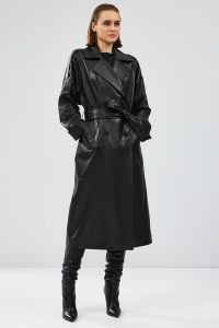 کت چرم بلند یقه دو سینه مشکی زنانه نیکول دری مد