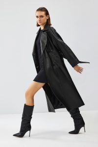 کت چرم بلند یقه دو سینه مشکی زنانه نیکول دری مد