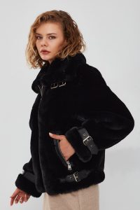 کت چرم مخمل دار مشکی زنانه آنابل دری مد