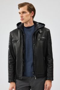 کت چرم کلاهدار مشکی مردانه لیون دری مد