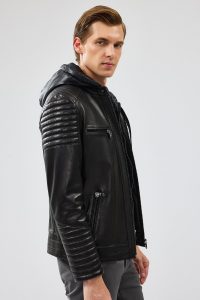 کت چرم کلاهدار مشکی مردانه لیون دری مد