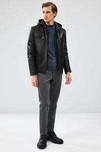 کت چرم کلاهدار مشکی مردانه لیون دری مد