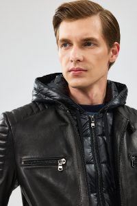 کت چرم کلاهدار مشکی مردانه لیون دری مد