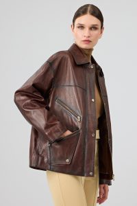 کت چرمی زنانه قهوه‌ای اورسایز یقه پیراهنی Claris دری مد