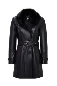 کت چرمی زنانه مشکی یقه خزدار کمربنددار Valeria دری مد