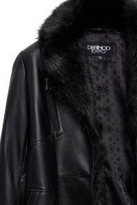 کت چرمی زنانه مشکی یقه خزدار کمربنددار Valeria دری مد