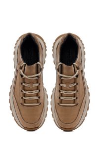 کتونی مردانه نوبوک چرمی بژ بندی زیره ضخیم کژوال دری مد