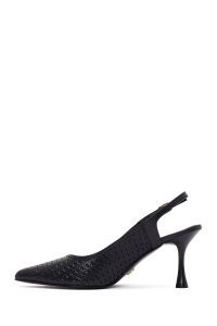 کفش زنانه چرم مشکی پشت‌باز پاشنه‌نازک مچی سگک‌دار طرح‌دار دری مد