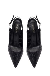 کفش زنانه چرم مشکی پشت‌باز پاشنه‌نازک مچی سگک‌دار طرح‌دار دری مد