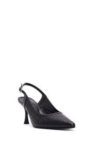 کفش زنانه چرم مشکی پشت‌باز پاشنه‌نازک مچی سگک‌دار طرح‌دار دری مد