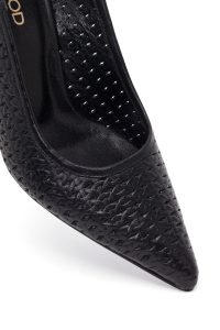 کفش زنانه چرم مشکی پشت‌باز پاشنه‌نازک مچی سگک‌دار طرح‌دار دری مد