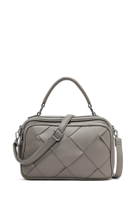 کیف زنانه خاکستری بلند بنددار بافتنی دری مد